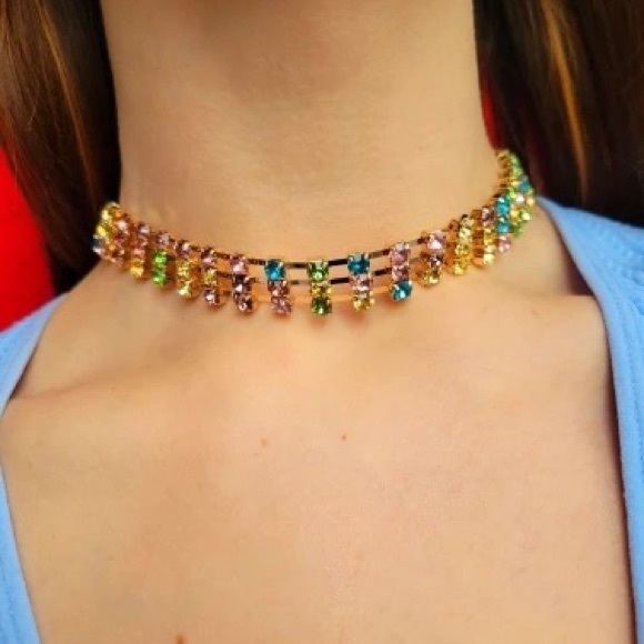 Zara Rainbow Rhinestone Smiley Charm Choker Necklaces + Chain - Picture 7 of 14